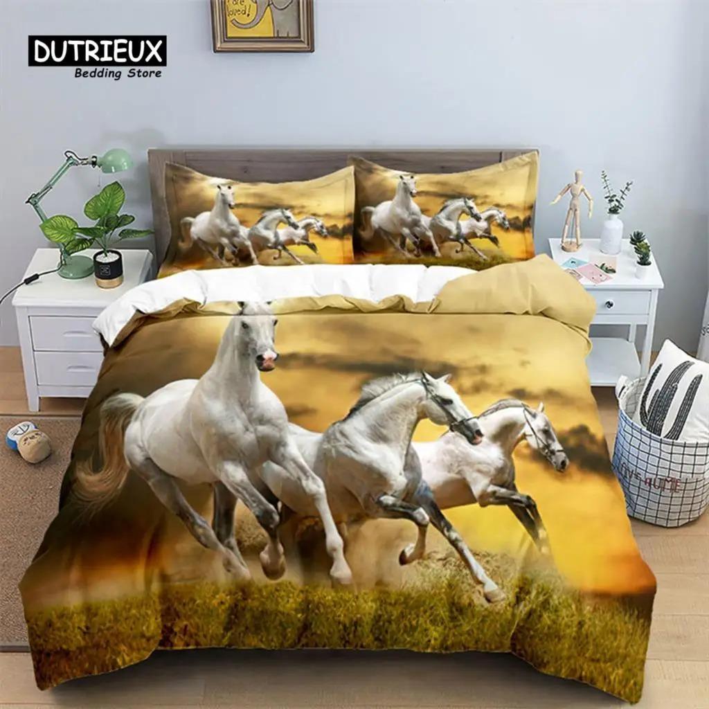Horse Comforter Cover Set for Kids Toddler Farm Animal Pattern Bedding Set 3 Piece Farmhouse Cowboy Duvet Cover Set