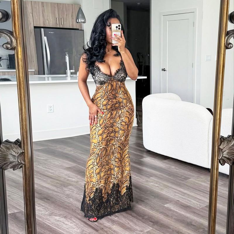 Womens Sexy Printed Splicing Slip Dress Slim Fit Long Party Daily Wear