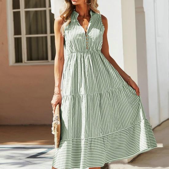 Женское летнее платье в полоску с принтом, эластичной талией, без рукавов, с большой пуговицей, повседневная одежда, контрастный цвет, V-образный вырез