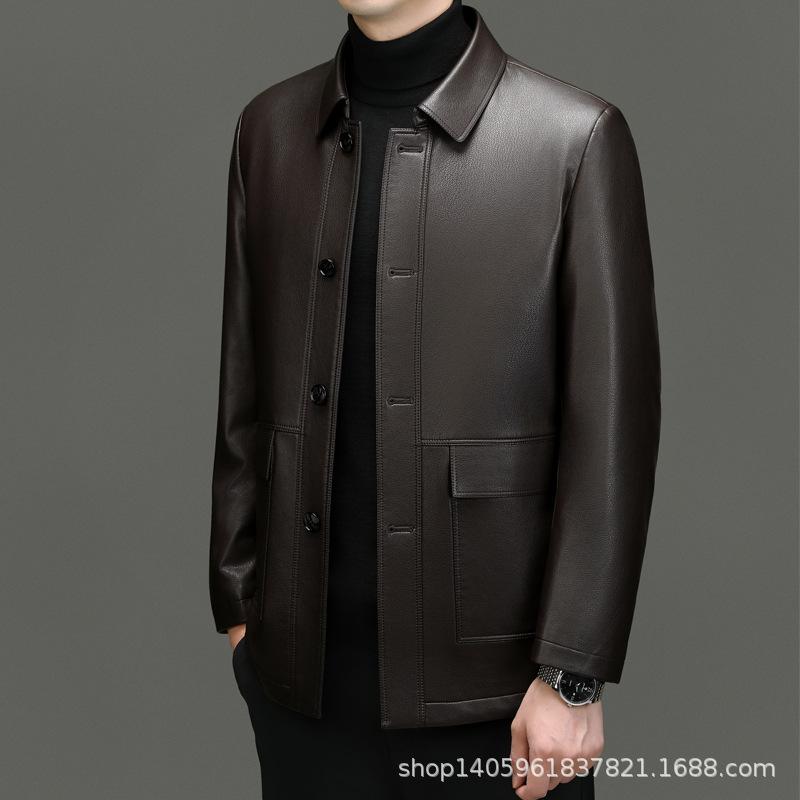 Новые осенние и зимние куртки из натуральной кожи Мужские кожаные куртки средней длины с лацканами для людей среднего и пожилого возраста Куртки для пап