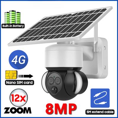 8 МП 4K Солнечная Двухобъективная 4G SIM Беспроводная PTZ IP Камера Безопасности с 12-кратным зумом, Обнаружением движения, Уличная Ночная Видеокамера для Наблюдения