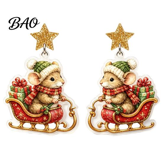 Cute Acrylic Dangle Jewelry 1 Pair Christmas Mouse Earrings, 2D Flat Cartoon Animal Charming Theme Drop Earrings for Women, Glitter Star Charm,
