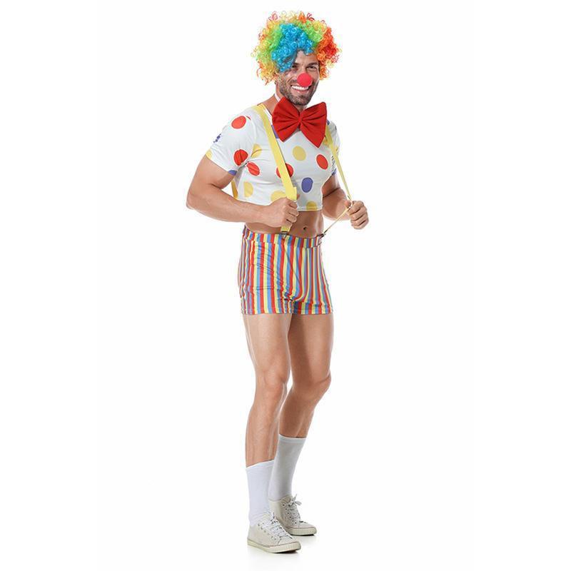 Mens Clown Costume Set Halloween Cosplay - Colorful Wig Top Bow Tie Choker Suspender Pants Red Nose