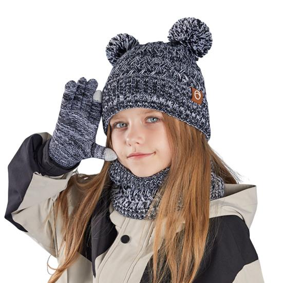 Kids Winter Hat Gloves Scarf Set Cold Weather Knitted Bear Hat with Pom Fleece Lined Neck Warmer Mitten Set for Girls Boys Ages 4-10