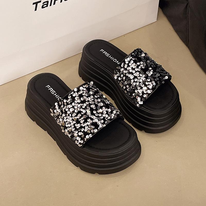 Thick-bottomed Height-increasing Slippers for Women's Summer Wear 2025 New Versatile Sequins One-word Drag Korean Version of Fairy Sandals Tide