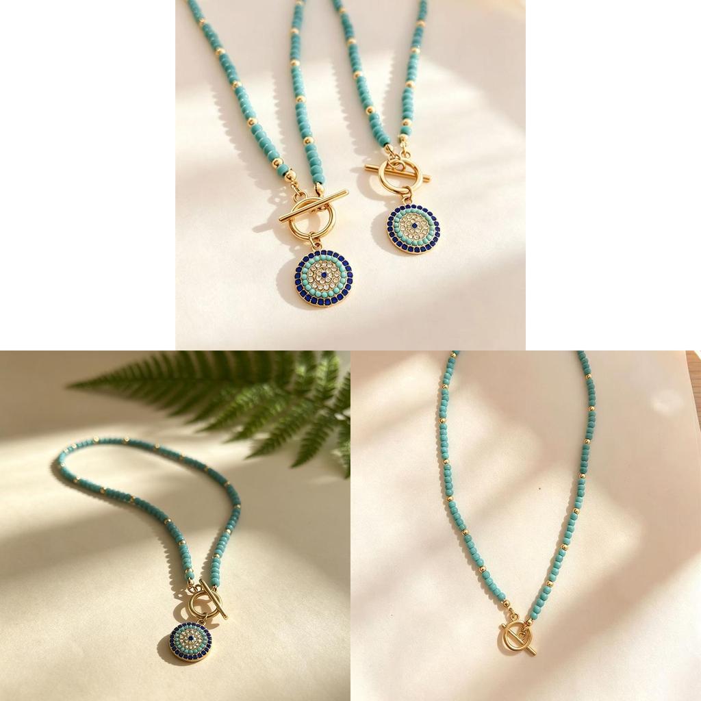 Bohemian Turquoise Beaded Necklace With Eye Pendant For Daily Fashion Accessory