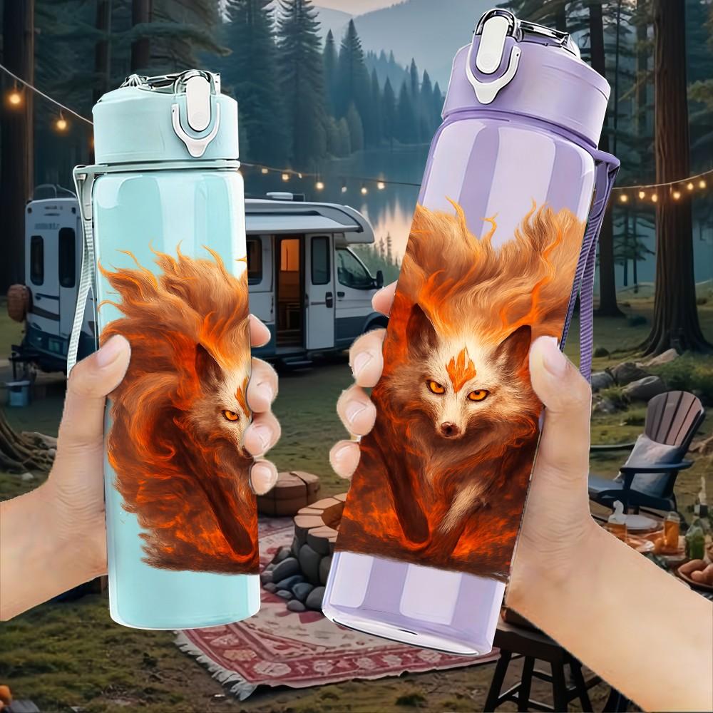 1PC Furry Orange Fox Head Portrait Print 750ml Color Plastic Sports Water Bottle Leakproof Flip Straw Lid Suitable for Sports Office Home Use