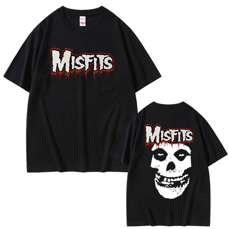 Horror Punk Misfits Skull Rock Double Sided Print T Shirt Unisex Gothic Vintage Oversized Tshirts Male Cotton Short Sleeve Tshirt