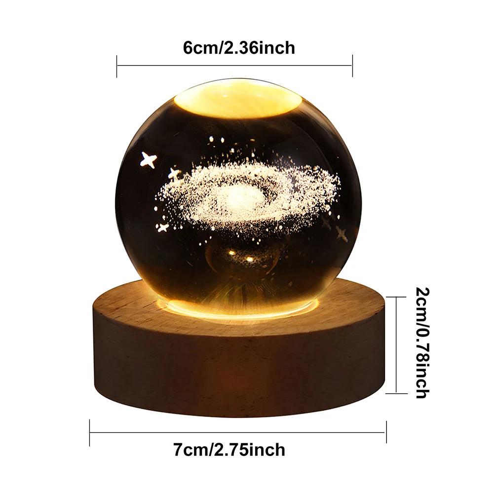 Crystal Ball Night Light Crystal Ball Lamp 3D Engraved Milky Way System Crystal Ball with Wooden Base USB Charging Gift for Kids