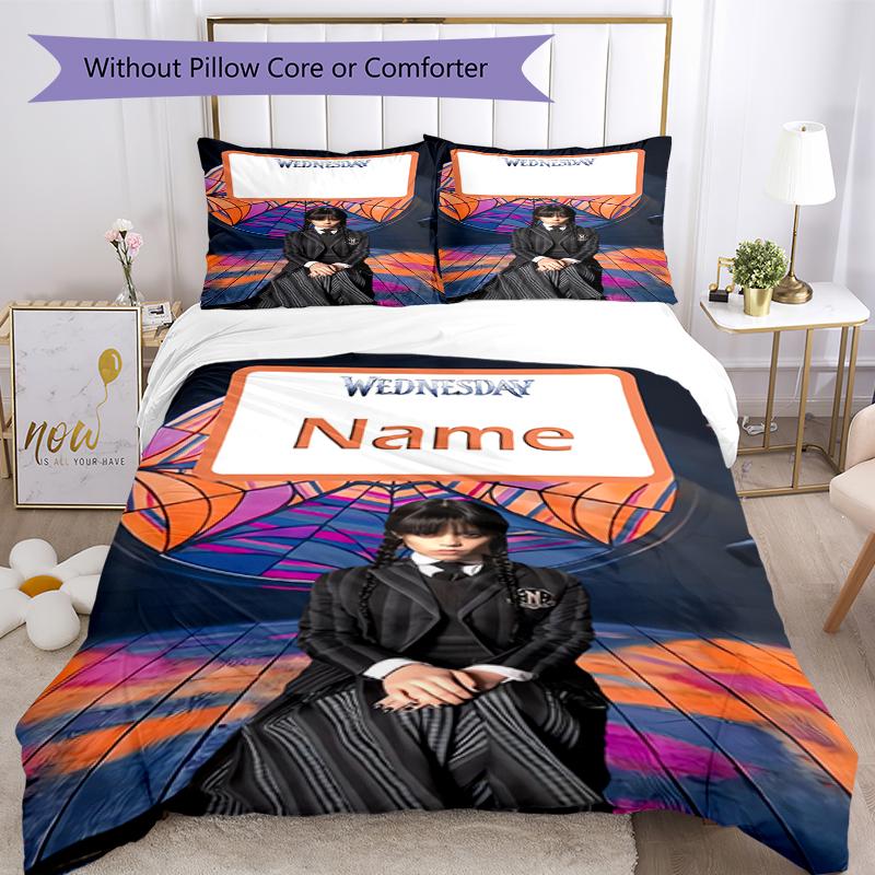 3pcs Custom Name Wednesday Bedding Set Duvet Cover Closure Includes 1 Duvet Cover & 2 Pillowcases, Soft and Comfortable for All Seasons.