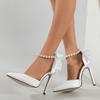 Liyke Модные белые туфли-лодочки с ремешком на щиколотке, украшенные бусинами, женские сексуальные босоножки на шпильках с острым носком, женские туфли на шнуровке с бантом на высоком каблуке