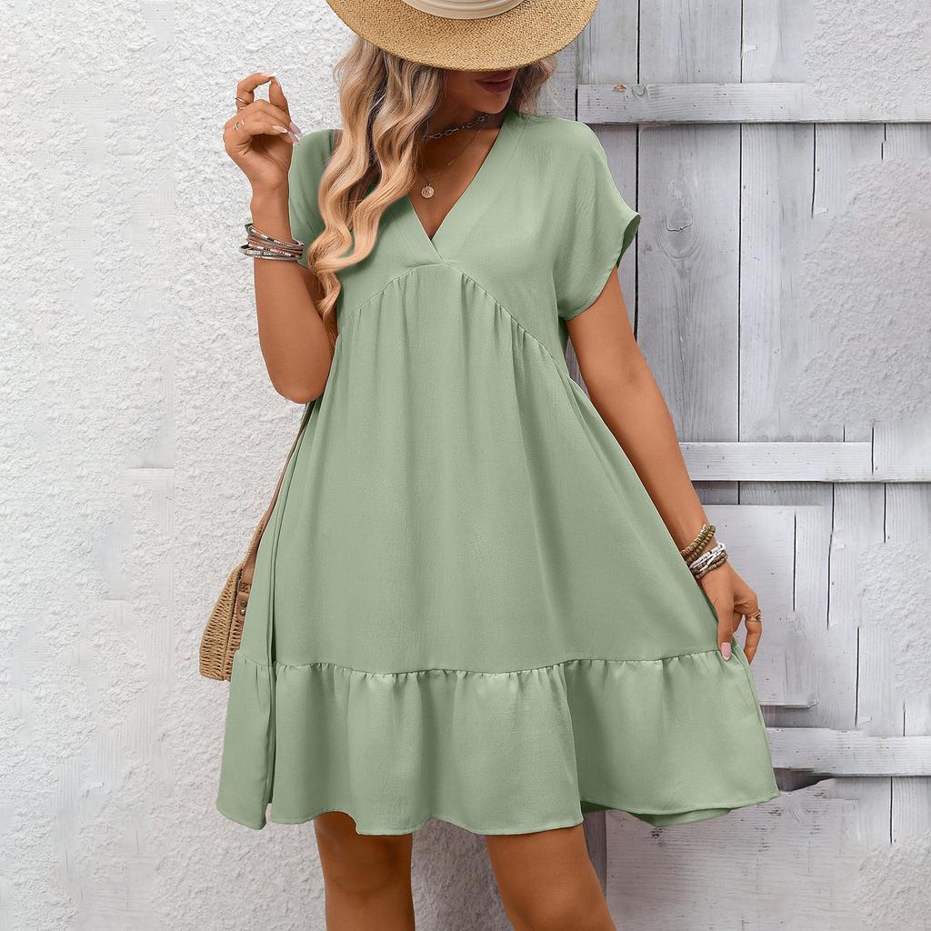 Женское модное однотонное платье с V-образным вырезом, короткими рукавами и оборками, праздничное, свободного кроя