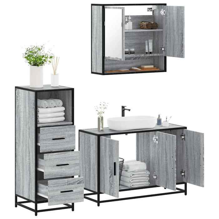 VidaXL 3-piece Bathroom Furniture Set Sonoma Grey, Bathroom Cabinet, Toilet Storage Cabinet, 3301043