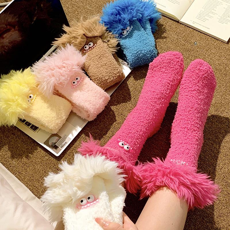 Crazy Big Mouth Monster Plush Socks Thickened Coral Fleece Cartoon Sleep Socks Winter Warm Soft Home Socks for Women Girls