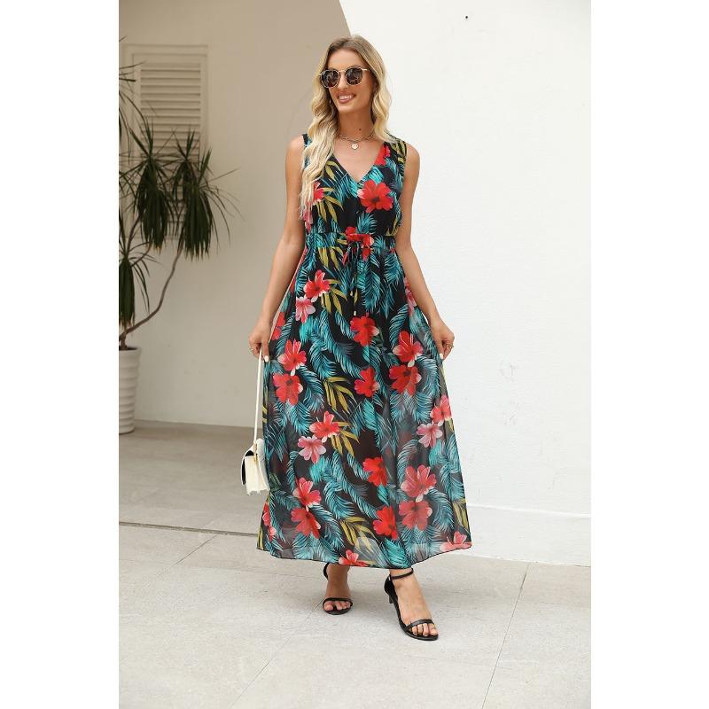 YYFS Women's Fashion Summer Spring Flower Pattern Print Sleeveless V-Neck High Waist Casual Dresses