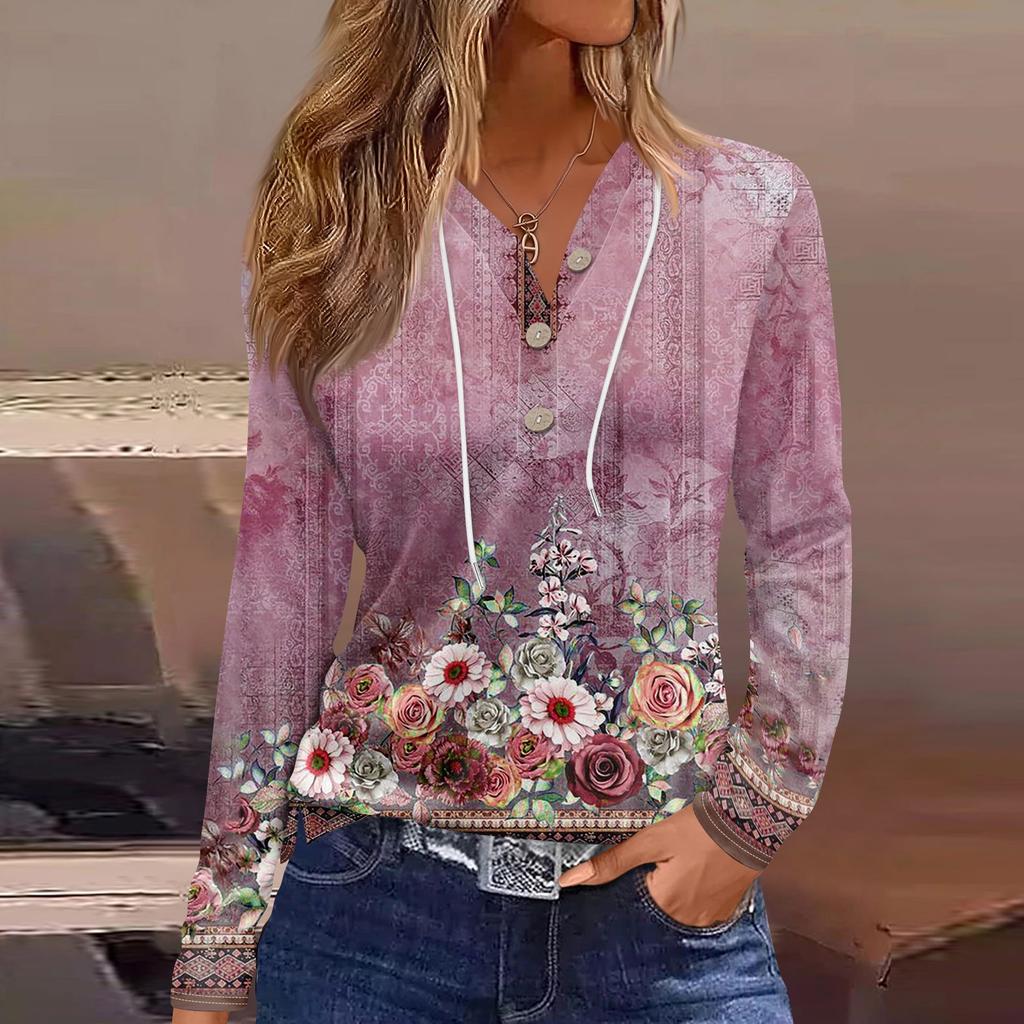 Жен. Футболка Футболка Пуговицы Цветочный принт Длинный рукав Повседневные Выходные Мода Классический Классический V-образный вырез Обычный Топ