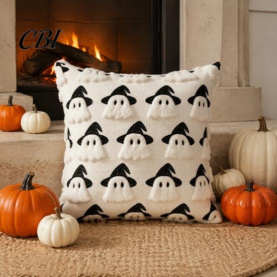 Spooky Halloween Party Supplies Wizard Ghost Cushion Cover, Cute Plush Throw Pillow Black And White Case for Sofa Couch Living Room Decor Theme