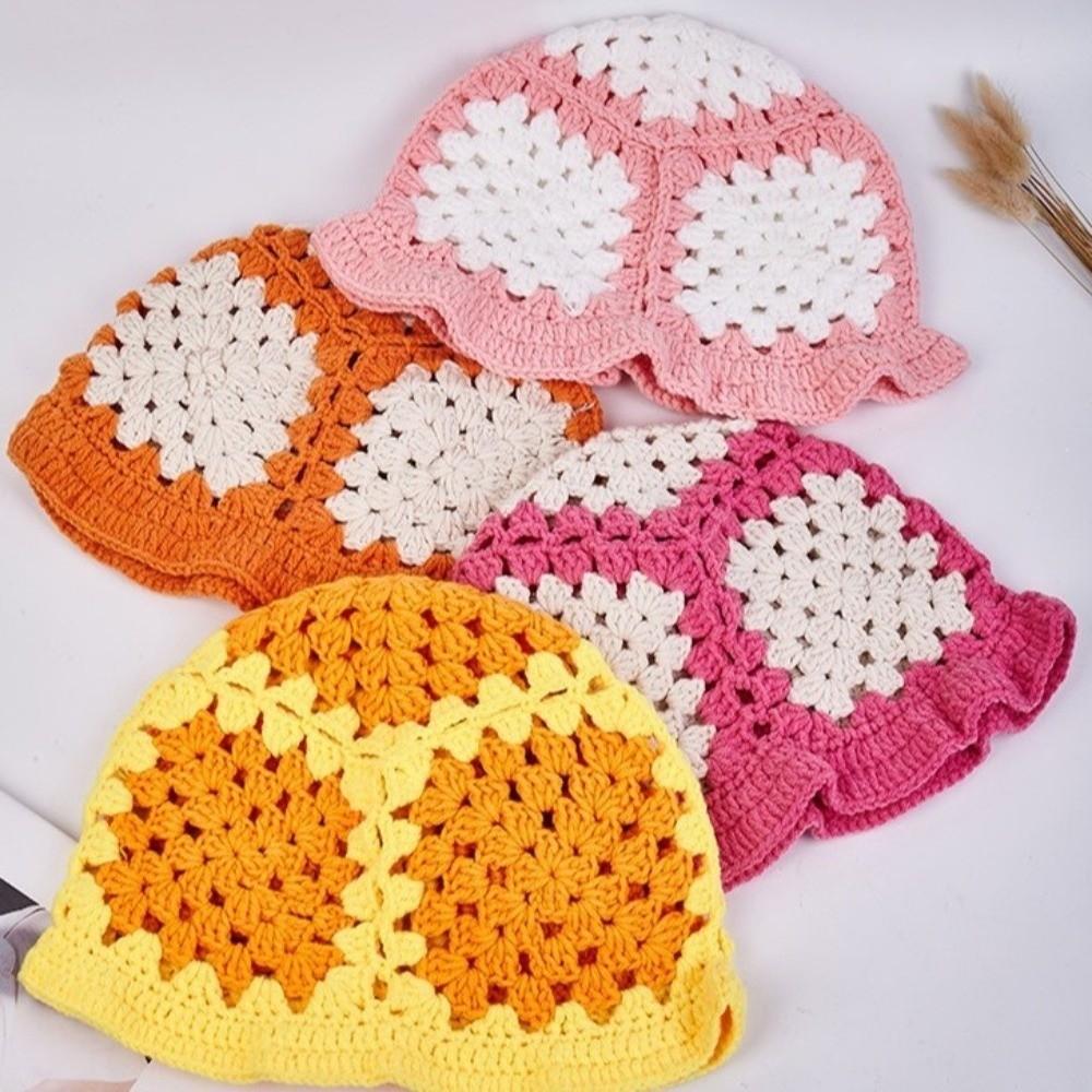 Sunflower Patterned Fisherman Hat Lotus Leaf Edge Handmade Knit Hat  Autumn Winter Outings