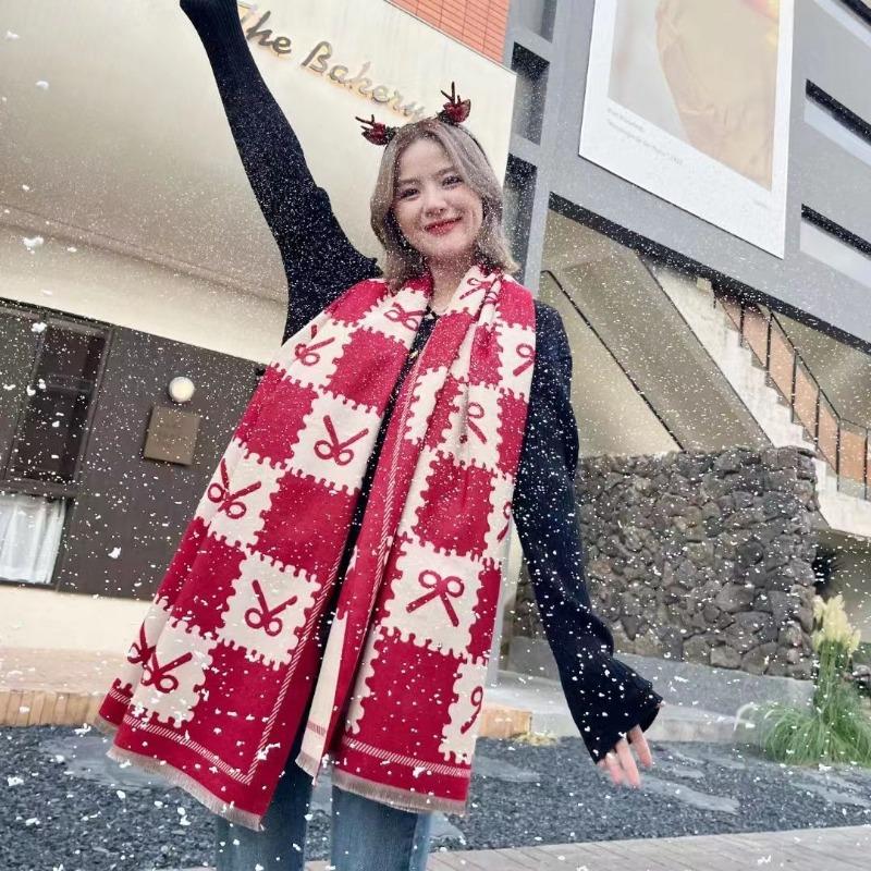 Fashion Bright Red White Bow Scarf Female Autumn and Winter Rich Rabbit Scarf Warm Annual Meeting Couple Korean Version Shawl