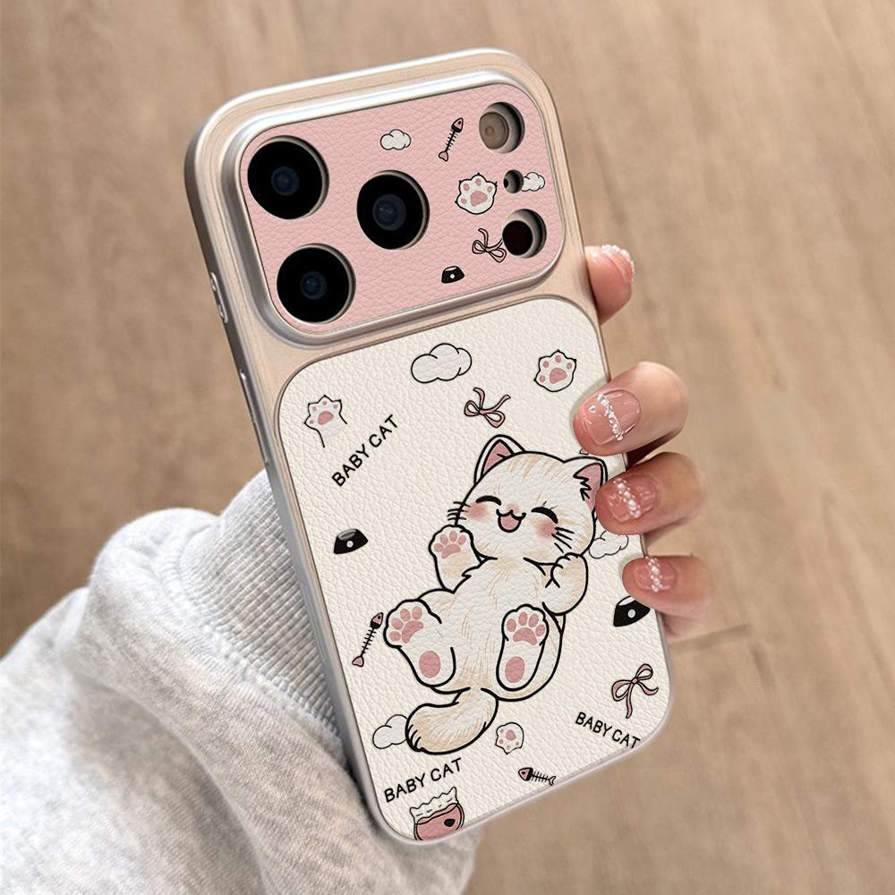 Подходит для Apple 17 мультяшный игривый кот чехол для мобильного телефона iPhone15promax всесторонний 16 Pro свежий кожаный узор