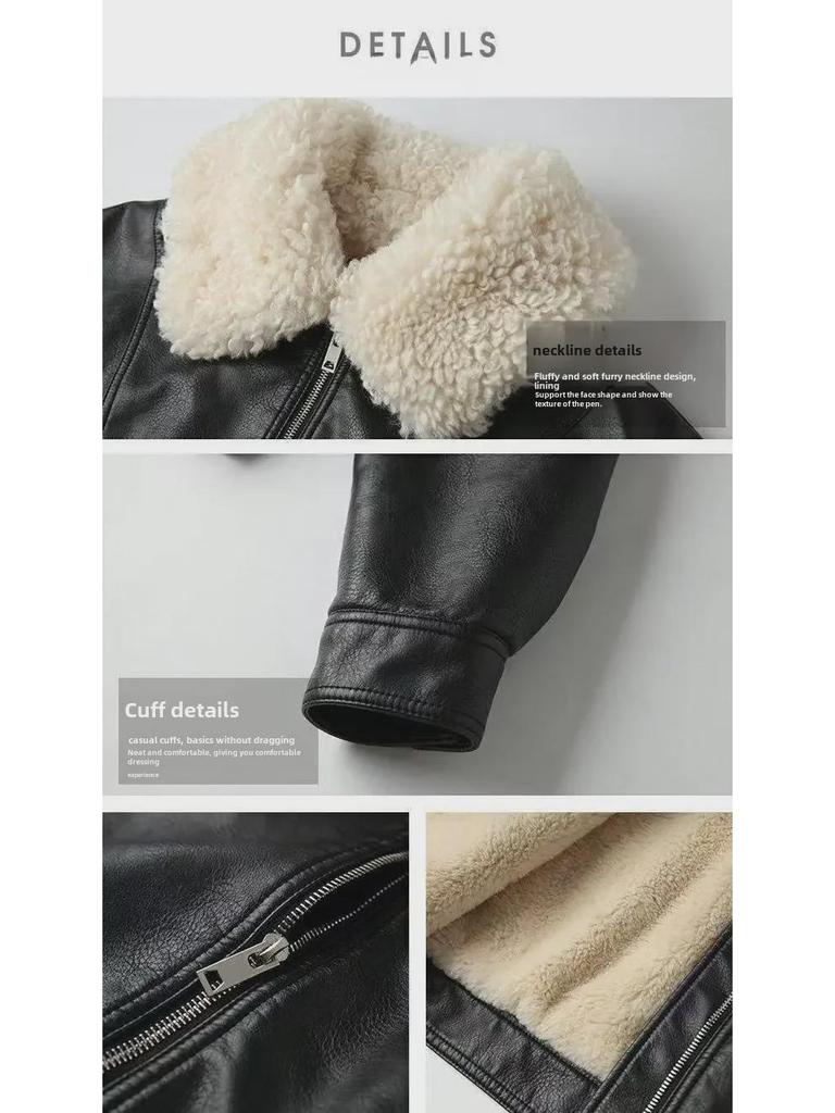 Женская ретро-черная бархатная мотоциклетная куртка с воротником из овечьего меха - осень/зима 2023 г.