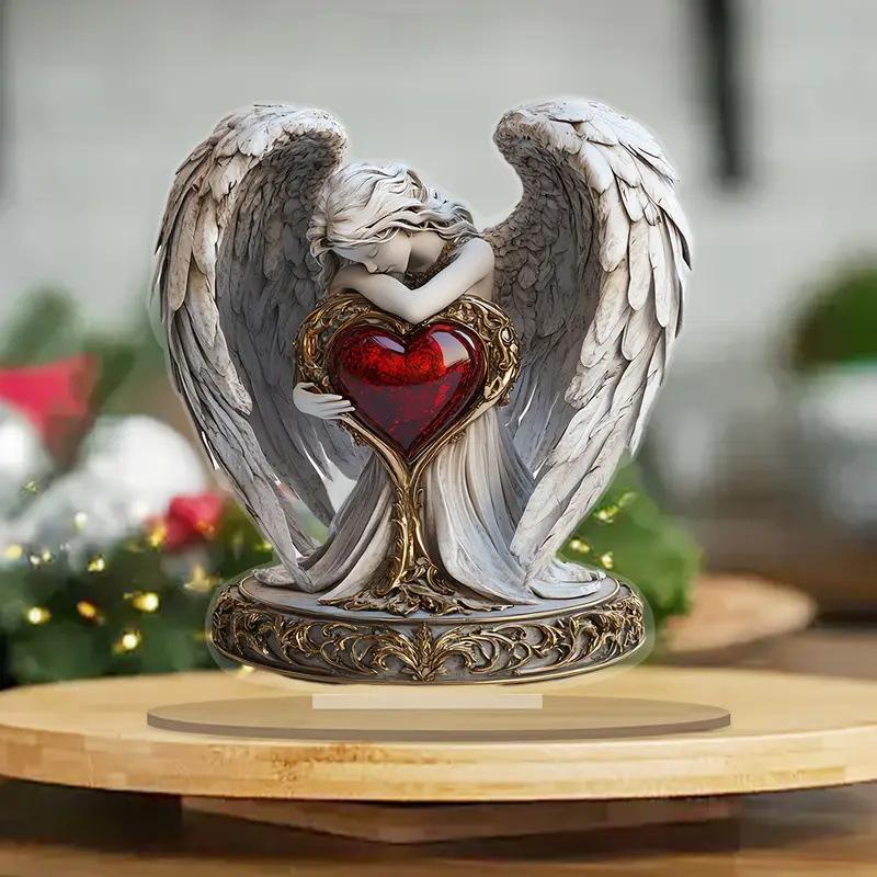 7.1X6.5 Inches Boho Style Acrylic Angel With Heart Desk Ornament With Stand Ideal For Home, Christmas & Valentine'S Day Gift