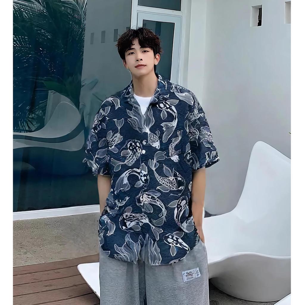 Stabbon Long Sleeve Floral Aloha Summer Plus Goldfish Stylish Japanese Hawaiian Open Ultra Breathable Men's Shirt, Size, Print, Beachwear, Pattern,