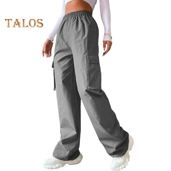 Женские брюки-карго с эластичной талией, широкие однотонные брюки, повседневные спортивные штаны с боковым карманом-клапаном