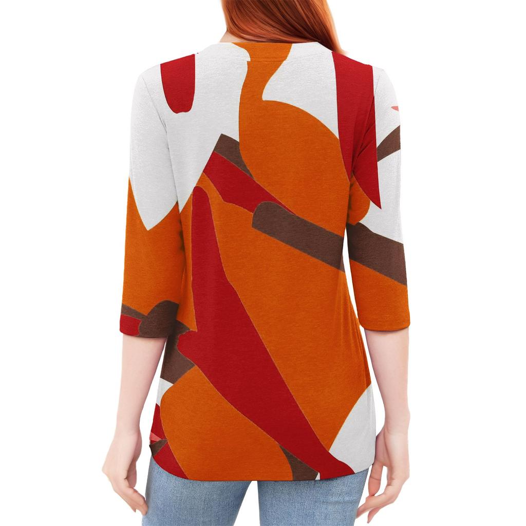 Women's Fashion Casual Loose 3/4 Sleeve Printed Round Neck Top