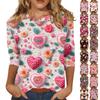 Women's Fashion Casual 3/4 Split Sleeve Valentine's Day Printed Round Neck Top