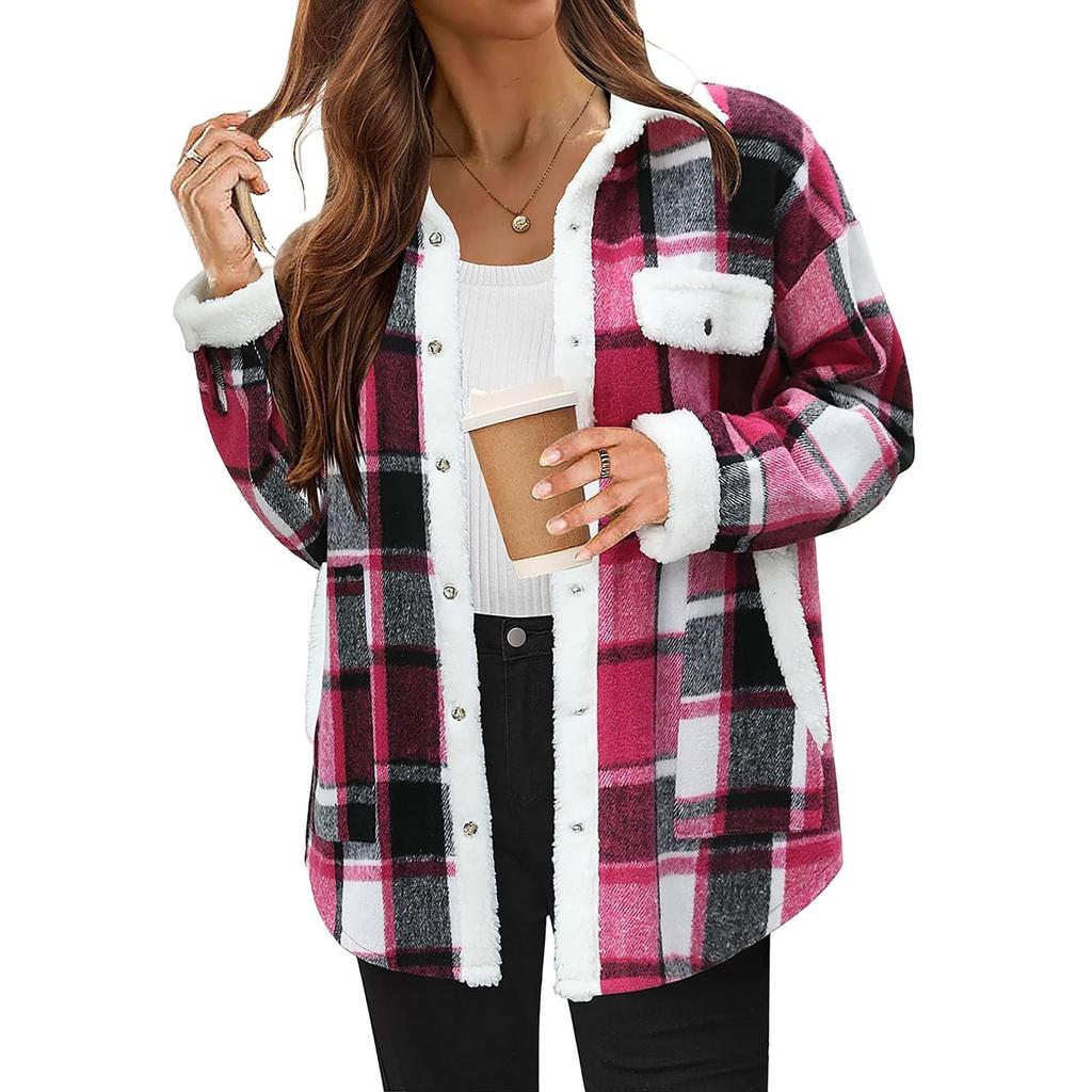 Women Long Sleeve Pullover Casual Plaid Shacket Jackets Fuzzy Fleece Button Down Open Front Jackets Outfits