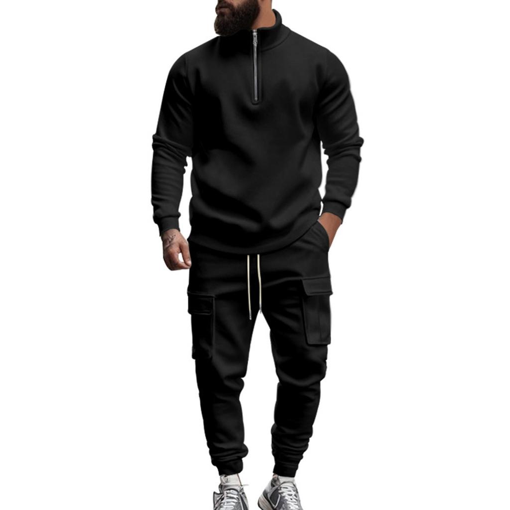 Men's Winter Casual Plus Velvet Warm Zipper Stand Collar Sweatshirt Men's Sports Pants Sweatshirt Set