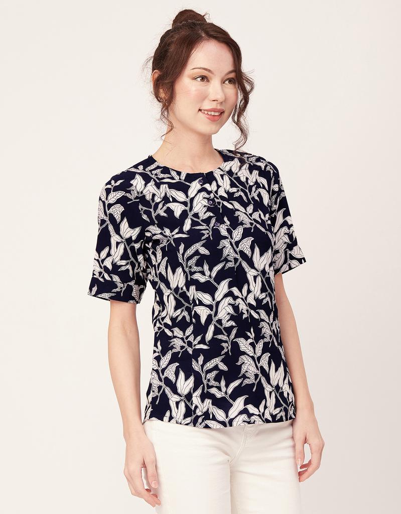 Moomaya Printed Viscose Summer Top For Women, Round Neck Short Sleeves Casual Top