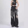Women's Trendy Black Ripped Wide-Leg Jeans - Summer Style