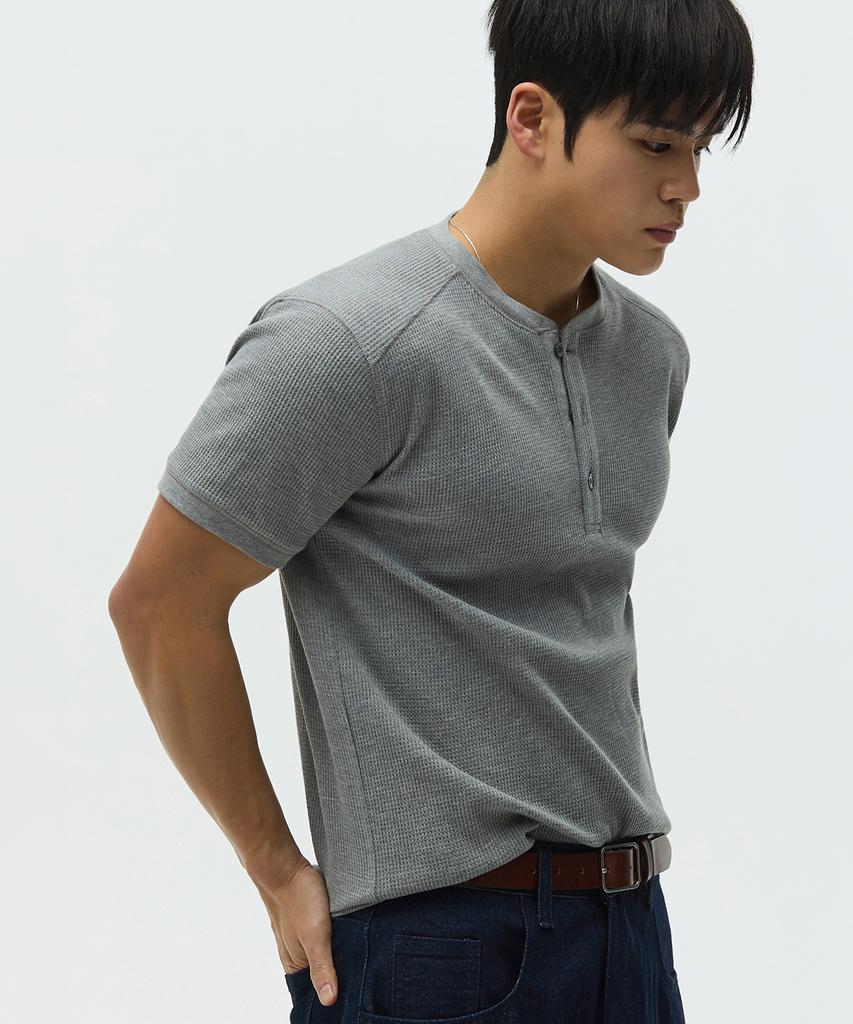 Michikoleondeonseupocheu [2 шт.] Вафельная футболка-henley с мышечным кроем, короткий рукав