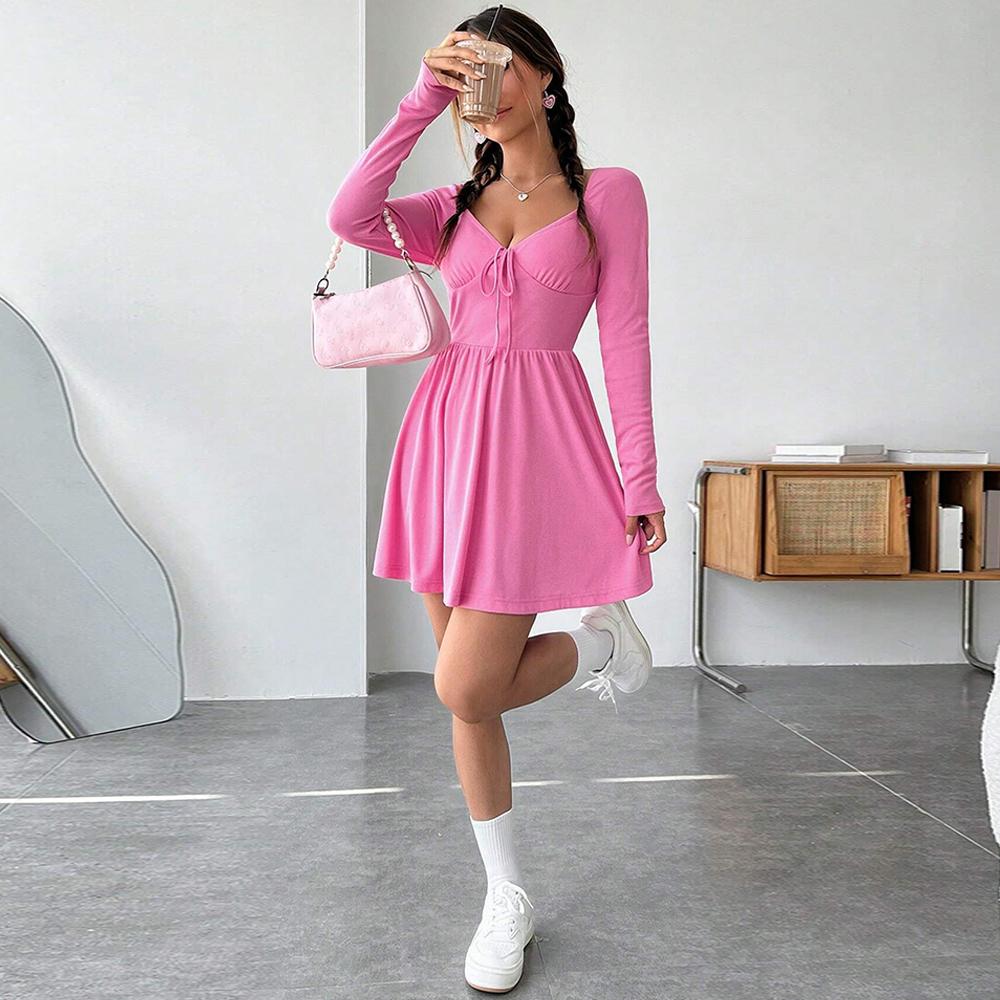 JKASHDK Женская мода весна осень однотонный принт с длинным рукавом и высокой талией повседневные платья