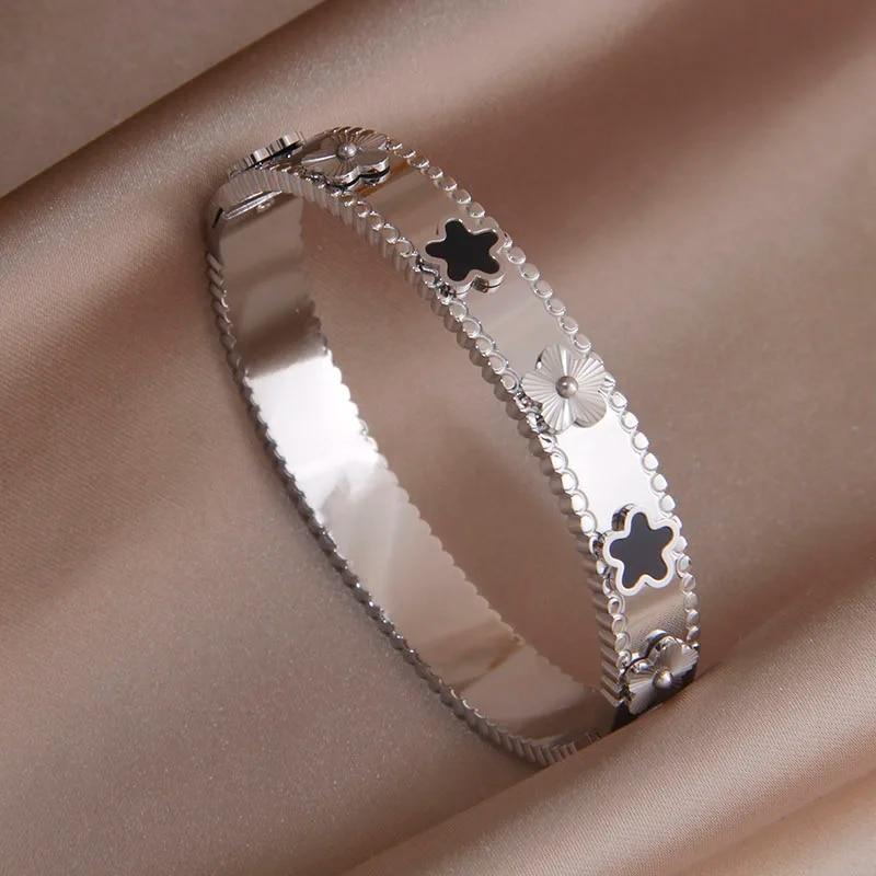 Классический браслет из нержавеющей стали с черным цветком для женщин, металлические браслеты в стиле панк, нержавеющие наручные украшения, подарок для вечеринки