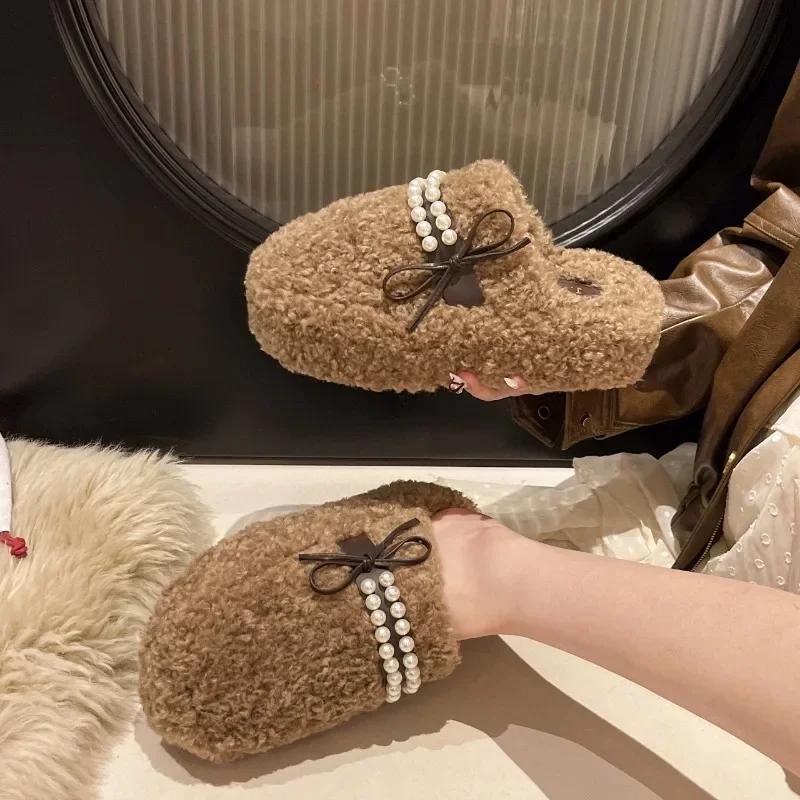 Fashion Fur Slippers Women Leopard Cotton Beaded Flats Shoes Woman 2024 Trend Winter Fashion Slingback Casual Warm Snow Boots Flip Flops