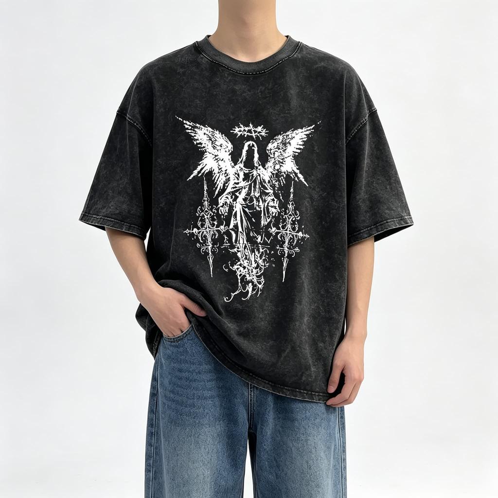 Vintage Gothic Dark Retro Style Summer Casual Streetwear Women's Tshirt Unisex Tee Top Men's Cotton Short Sleeve Washed T shirt