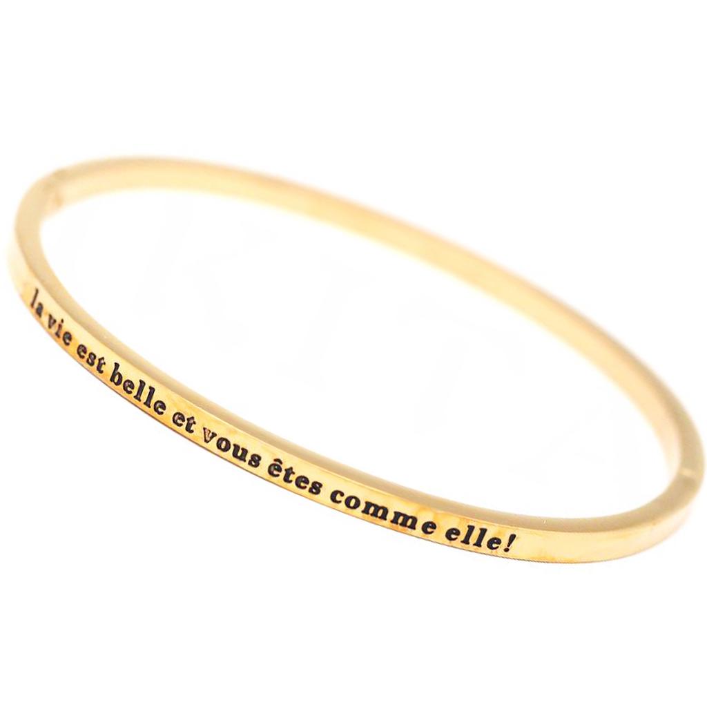 Les Trésors De Lily [Q1216] - Golden 'Messages' Steel Designer Bracelet (Life Is Beautiful and You Are Like It!) - 60 Mm 3 Mm