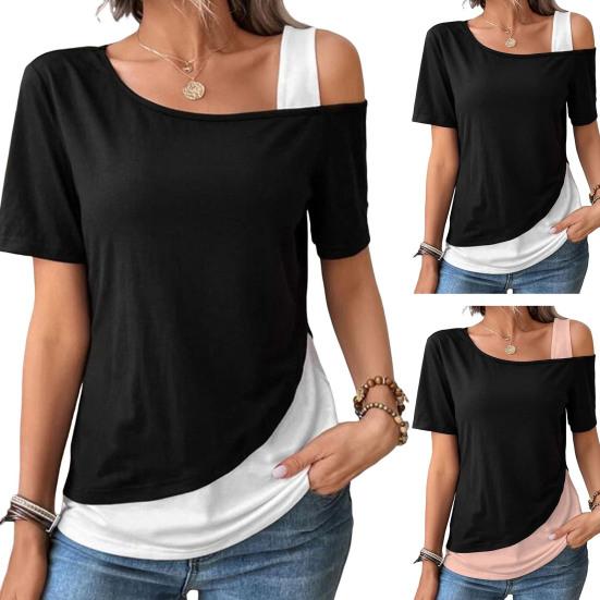 Женские летние топы с открытыми плечами, косой воротник, футболки с короткими рукавами, лоскутные цветные свободные повседневные футболки, уличная одежда