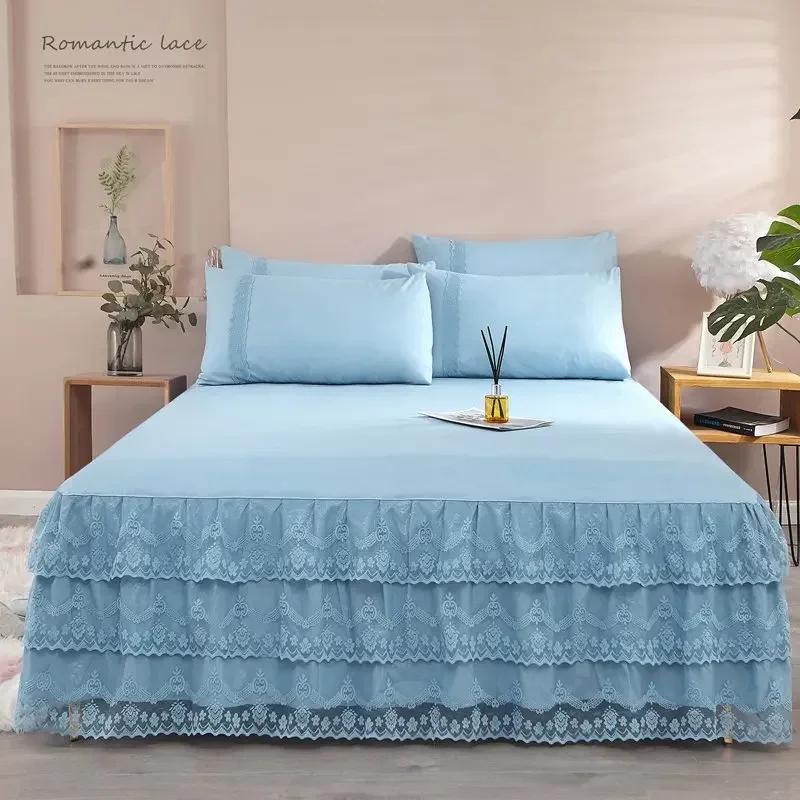 Кружевная принцесса в европейском стиле, трехслойная однотонная кружевная юбка-кровать, покрывало с рюшами, матрас для кровати, нескользящая юбка-кровать, наволочка