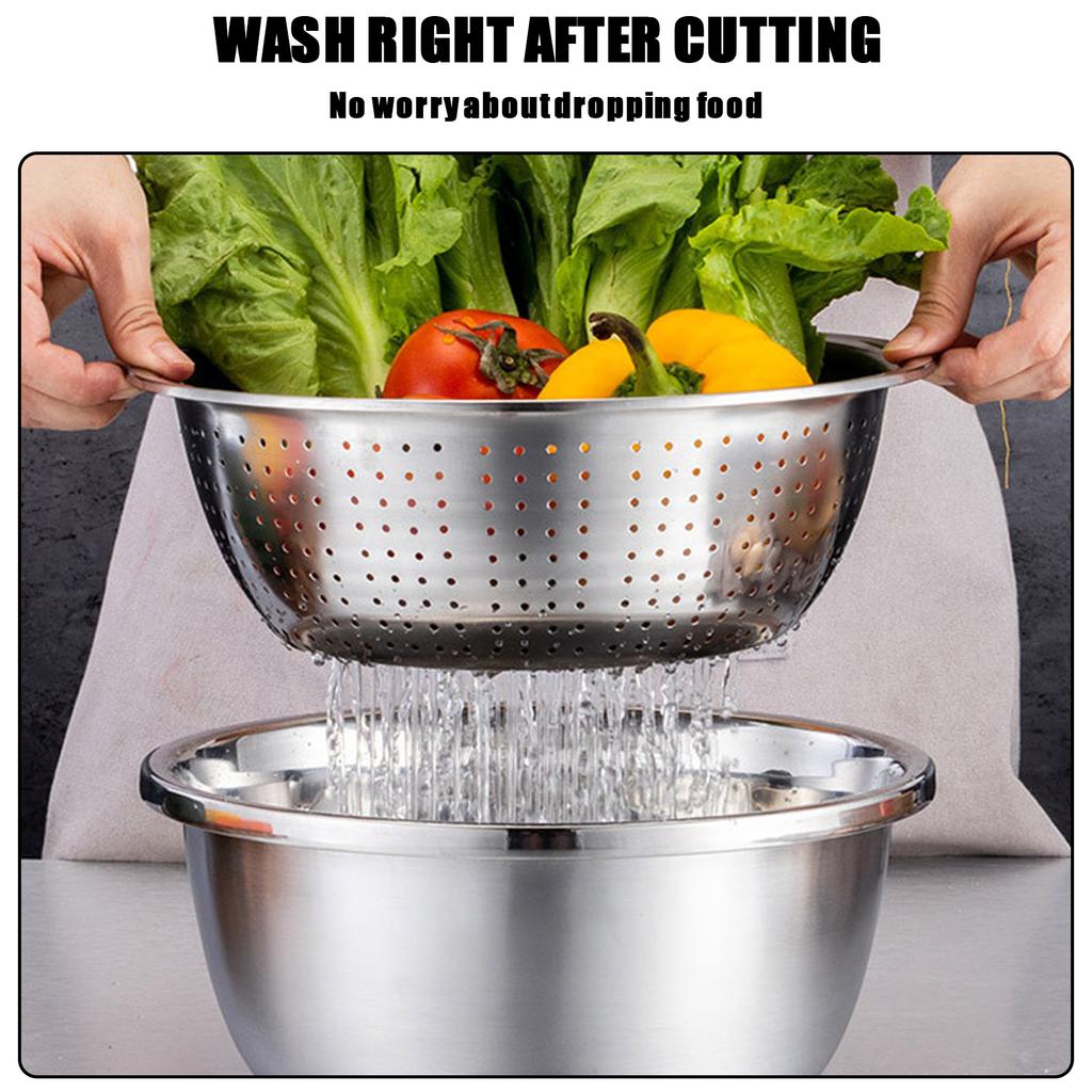3 in 1 Kitchen Basin Grater, Colander Cutter with Strainers 10.2 Inch Stainless Steel Mandoline Rice Washing Pasta Mixing Dough Knding Bowls