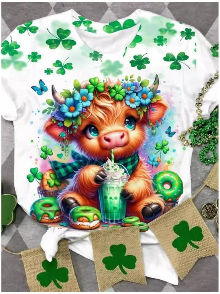 Женская ул.. Футболка ко Дню Святого Патрика Повседневная Зеленая Футболка с коротким рукавом с 3D-принтом и круглым вырезом с коротким рукавом Уличная одежда Y2k