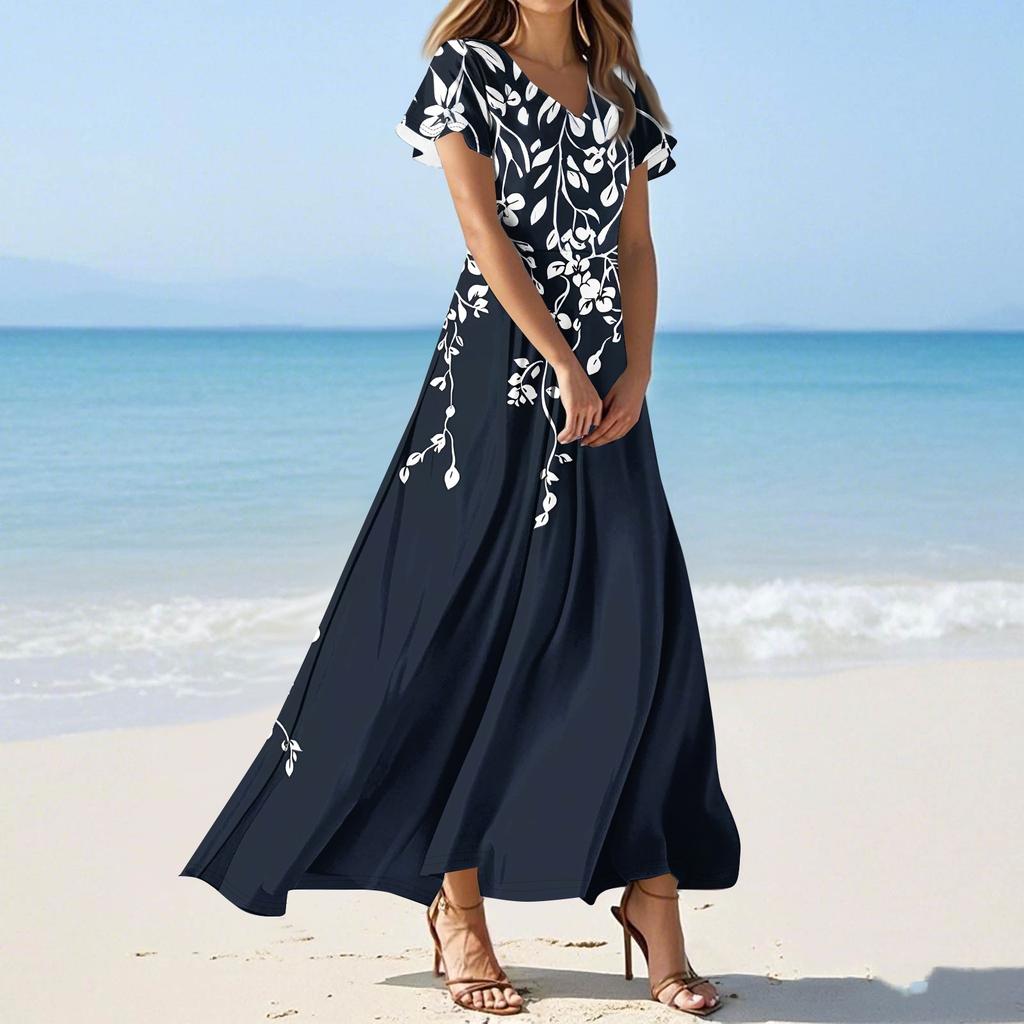 Женские повседневные модные длинные платья с принтом, платья с V-образным вырезом и коротким рукавом