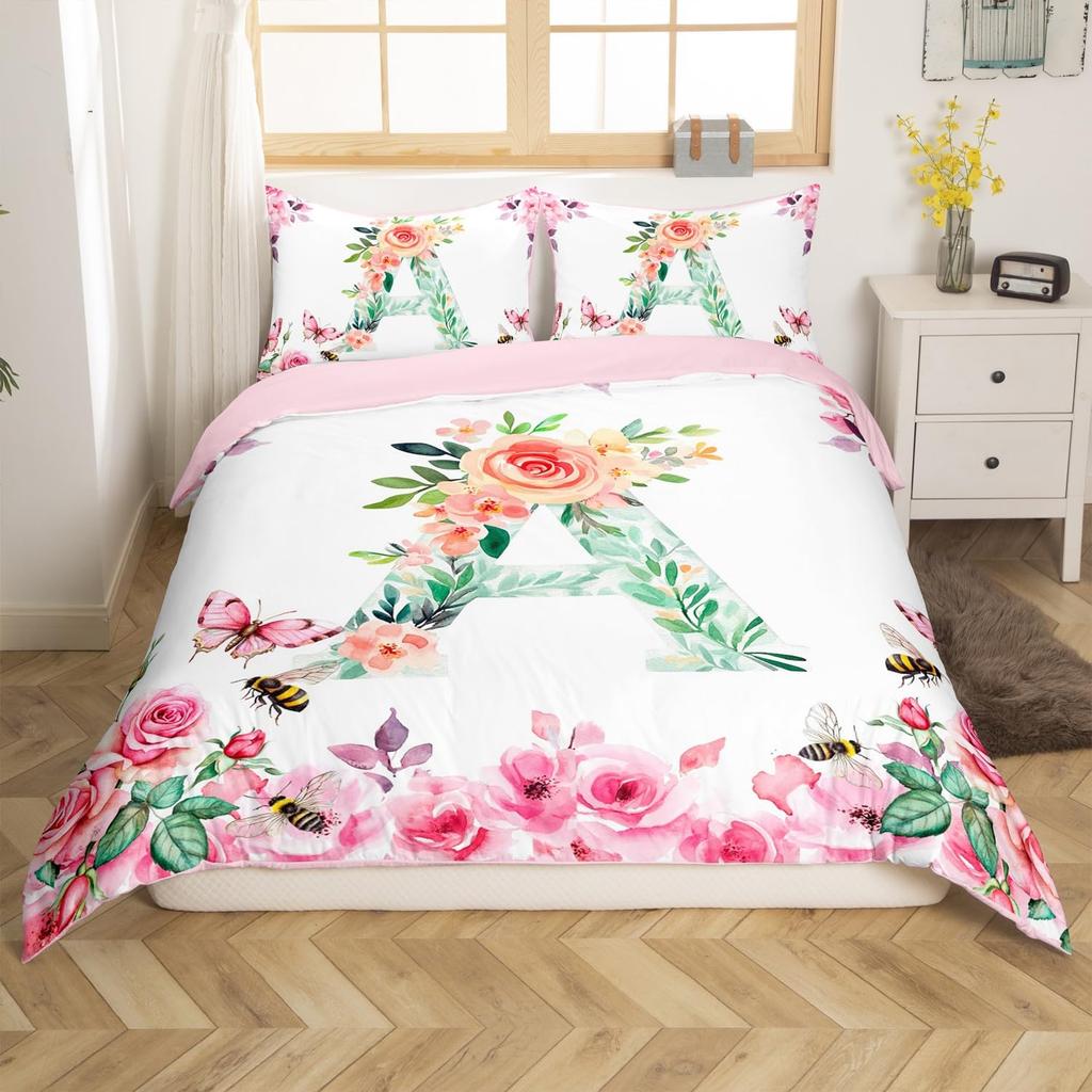 Initial Letter A Duvet Cover for Boys Girls Floral Monogrammed Bedding Set Romantic Rose Alphabet Quilt Cover with 2 Pillow Case