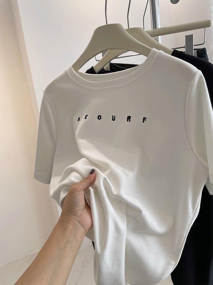 Женская модная футболка с вышивкой и короткими рукавами - Матовая, приталенного кроя, однотонная футболка с круглым вырезом для осени