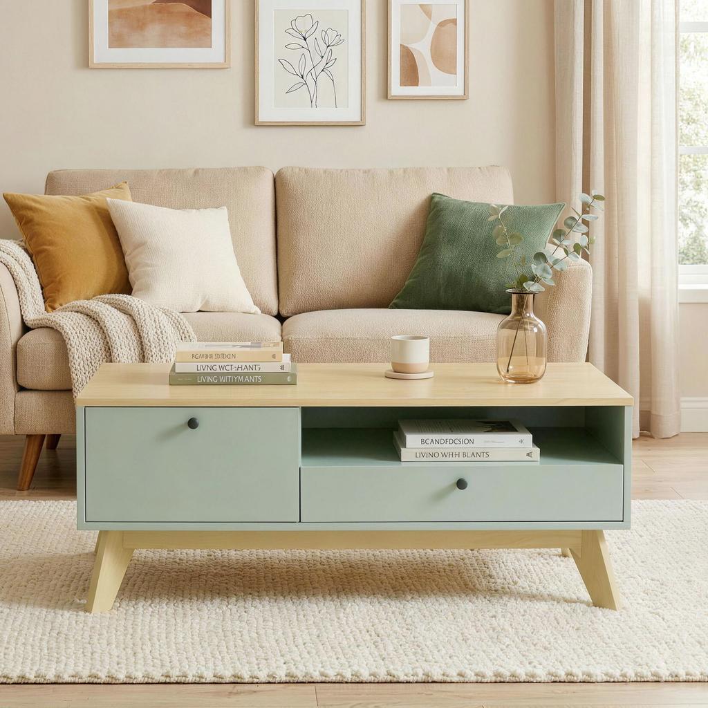 Living Room Coffee Table, Rectangular Side Table with Drawer, Door and Open Compartment, Light Green and Oak