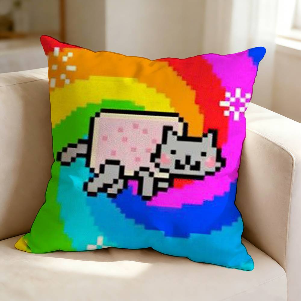 PixelArt Cartoon NNyan CCat Square DoubleSided printed Pillow Case Bedroom Bedside Pillow Sofa Cushion Cover