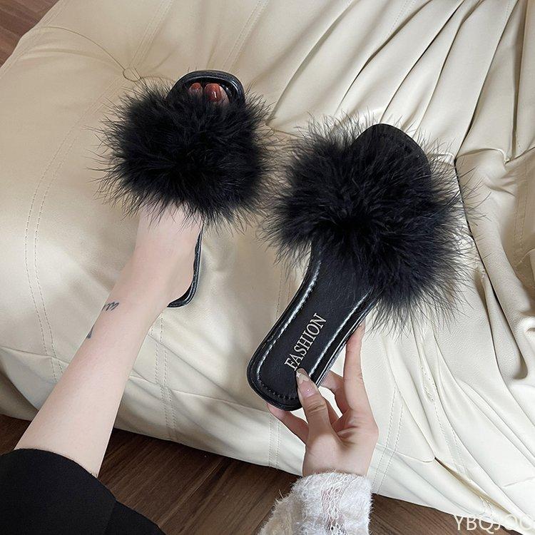 Мюли Тапочки Женские Квадратный Носок Пушистые Плоская Подошва Офисные Женские Шлепанцы Балетки Зеленый Белый Розовый Zapatillas Mujer